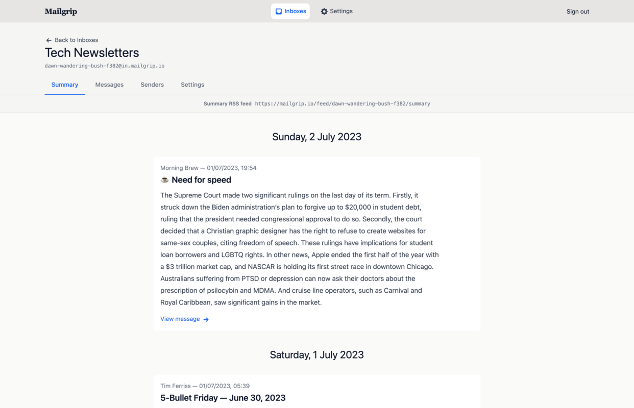 Screenshot showing Mailgrip's inbox summary page